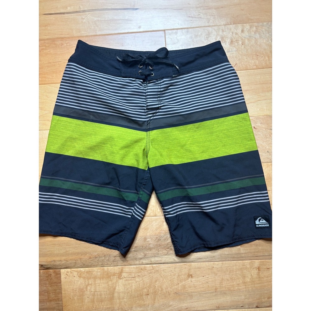 Quiksilver Board Shorts Men 30 Black Green Striped Swim Trunks Surf Lifestyle